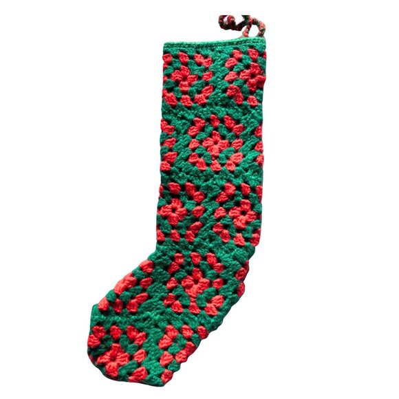 Crocheted Granny Square Red Green Christmas Stocking Handcrafted 18" - Picture 1 of 3